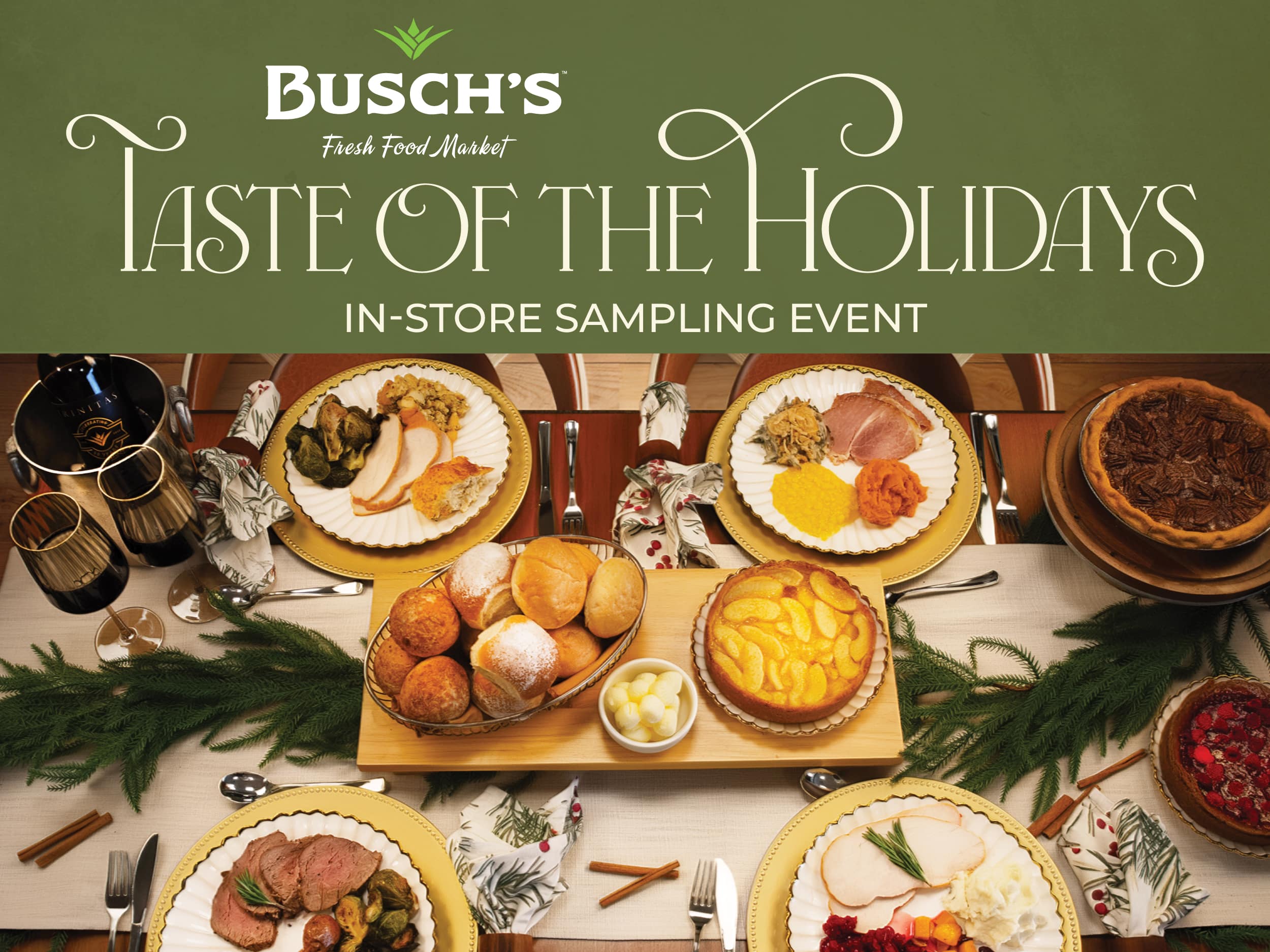 Zoomed in picture of a holiday table setting, with plated food.