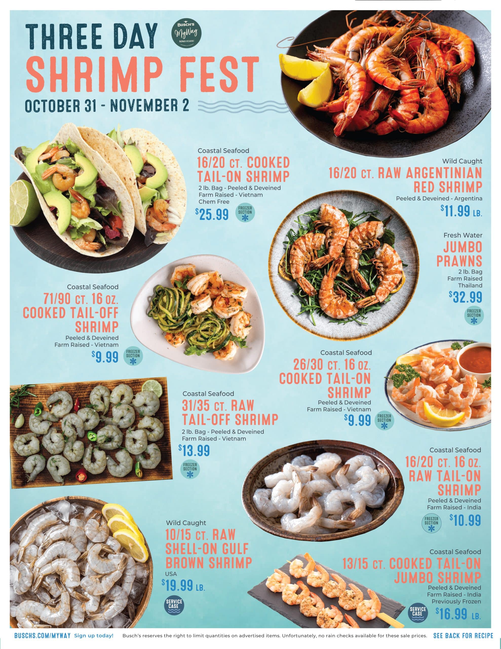 Flyer of three day shrimp fest from october 31 until novemeber 2, featuring differnt types of shrimp that are on sale.