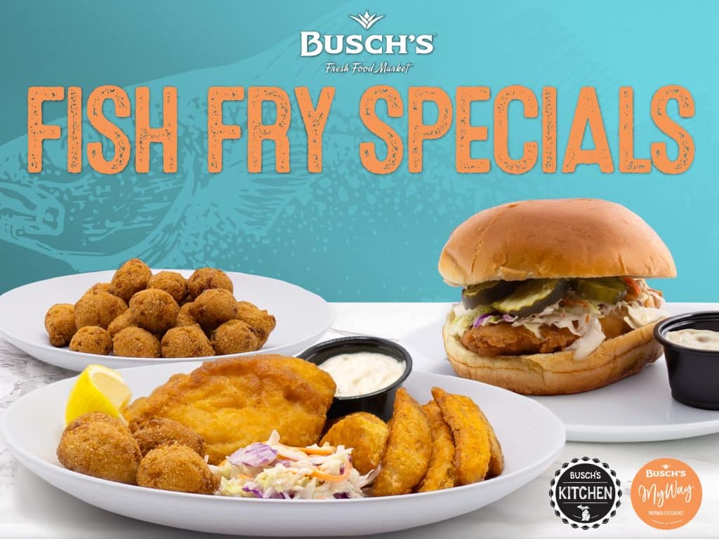 Plate of fried fish, potato wedges, hush puppies with lemon, and coleslaw on white dishes. Background displays "Fish Fry Specials" text.