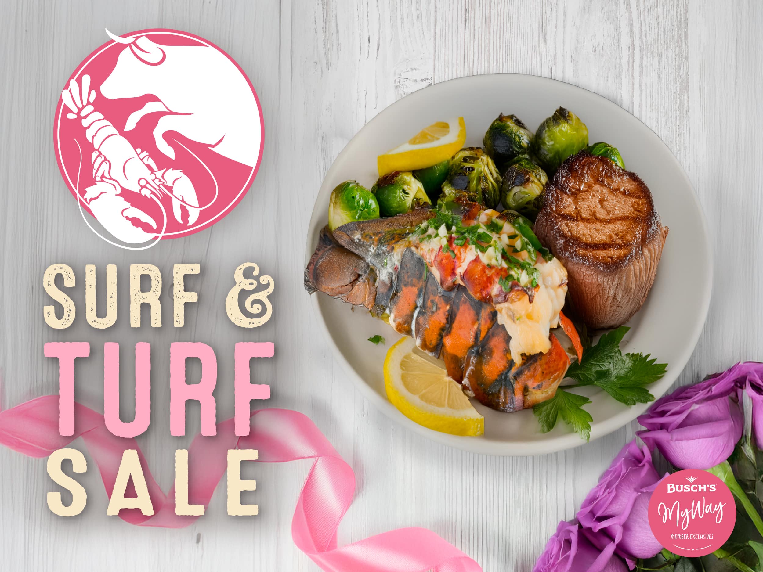 Graphic for Busch's Fresh Food Market Surf and Turf Sale with a plate of prepared meat and seafood.