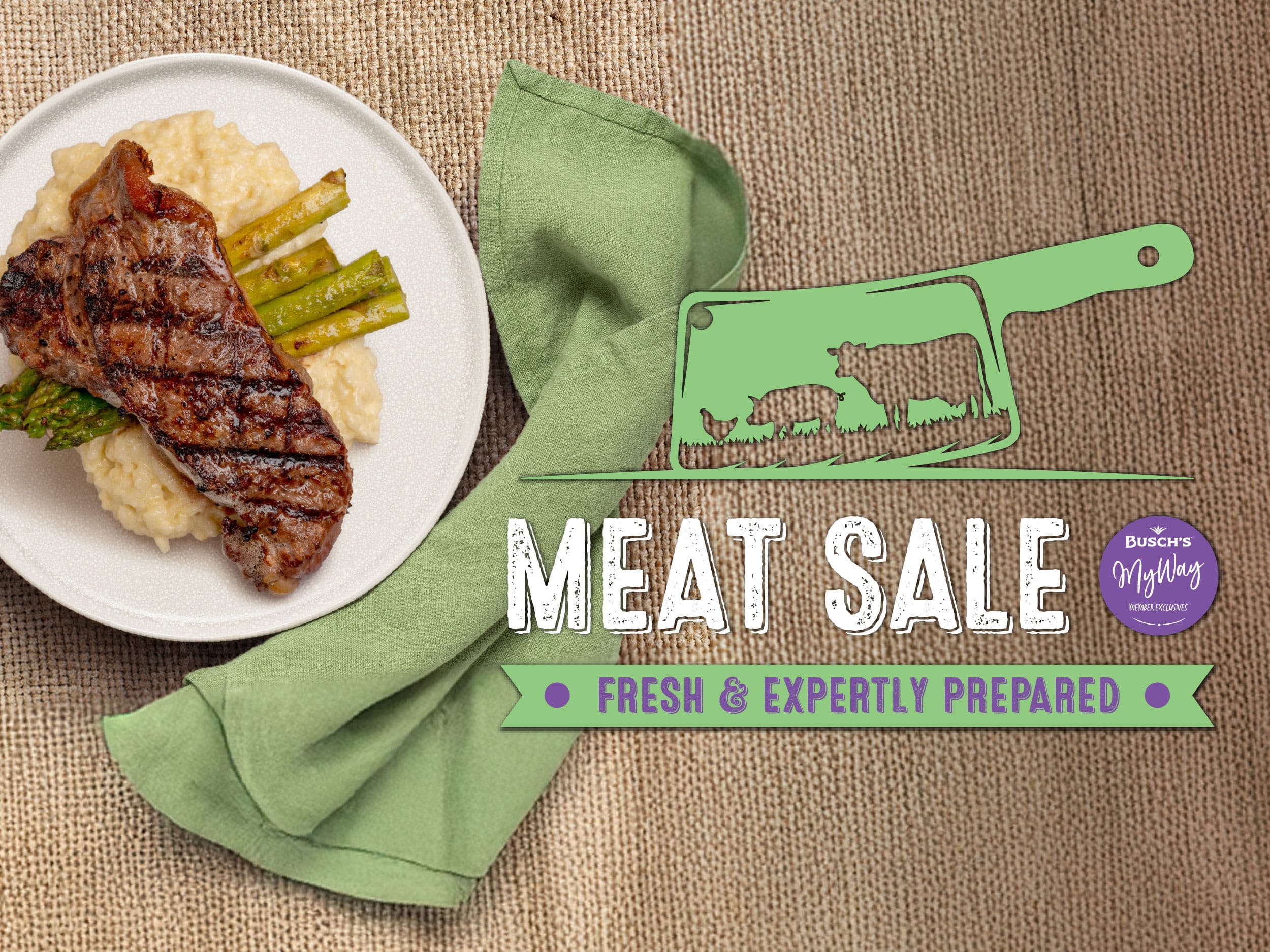 Grilled steak with asparagus on mashed potatoes on a white plate. Green napkin beside it. Text: "Meat Sale - Fresh & Expertly Prepared."