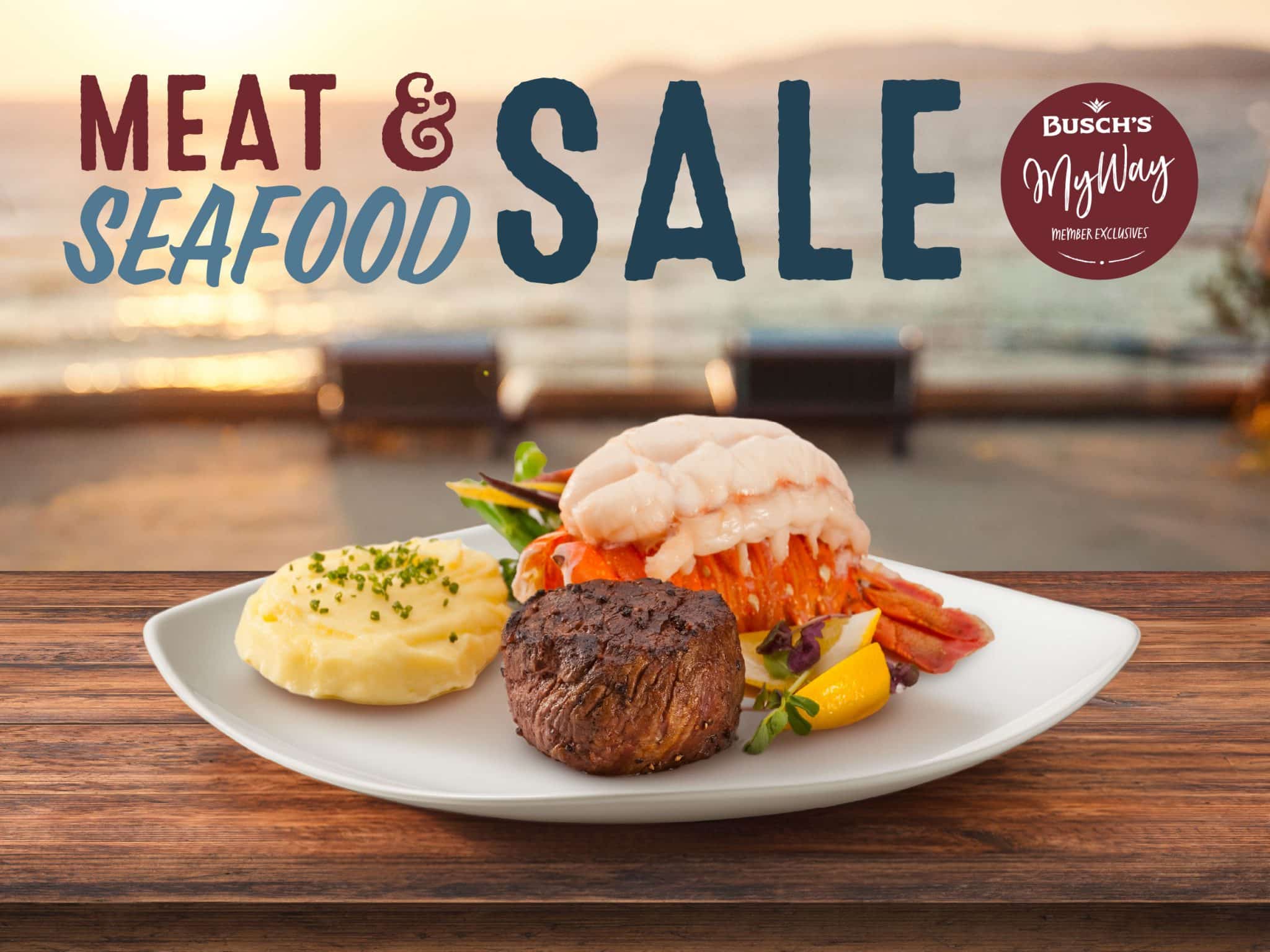 Grilled steak with asparagus on mashed potatoes on a white plate. Green napkin beside it. Text: "Meat Sale - Fresh & Expertly Prepared."