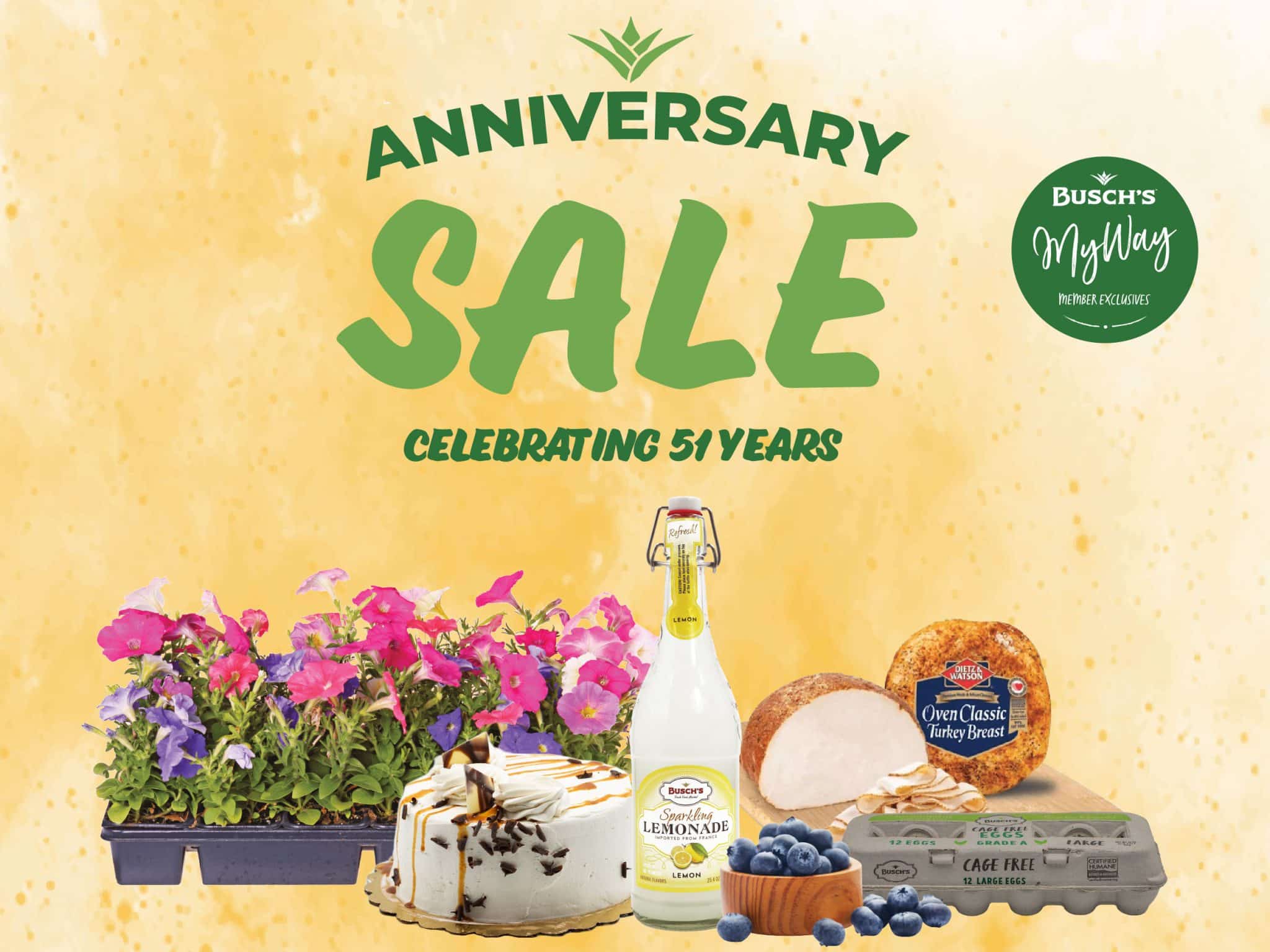 Busch’s 51st Anniversary Sale graphic featuring flowers, lemonade, cake, turkey breast, blueberries, and eggs