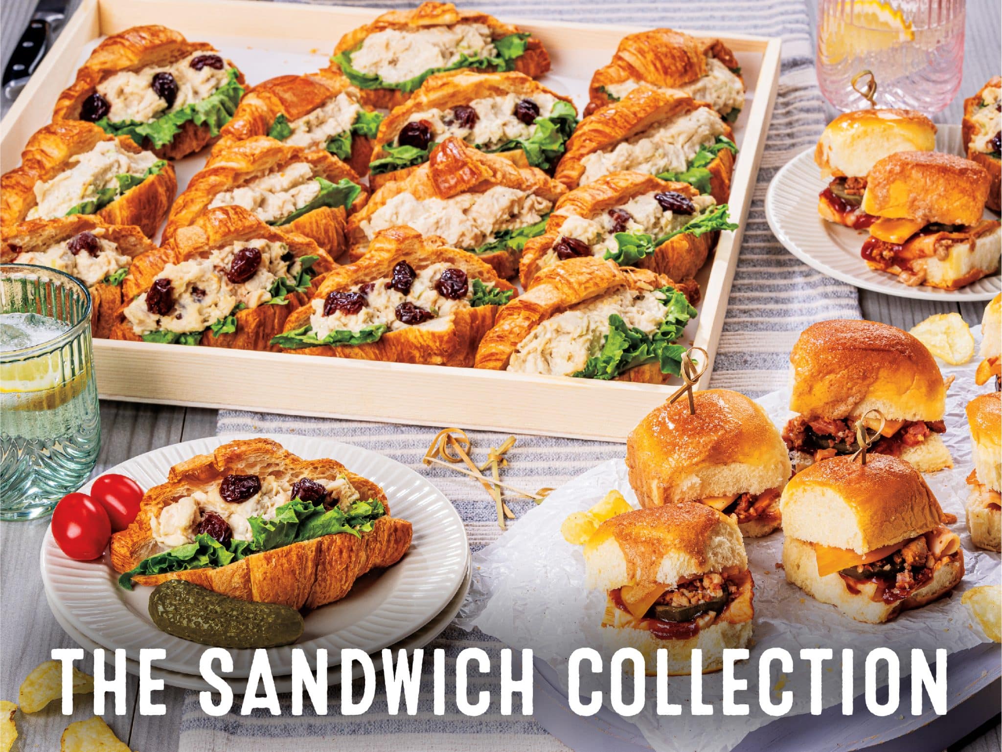 Busch’s croissant sandwiches with leafy greens and cranberry topping next to slider sandwiches.