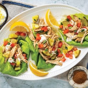 A white plate featuring a fresh bed of lettuce topped with grilled shawarma chicken pieces.