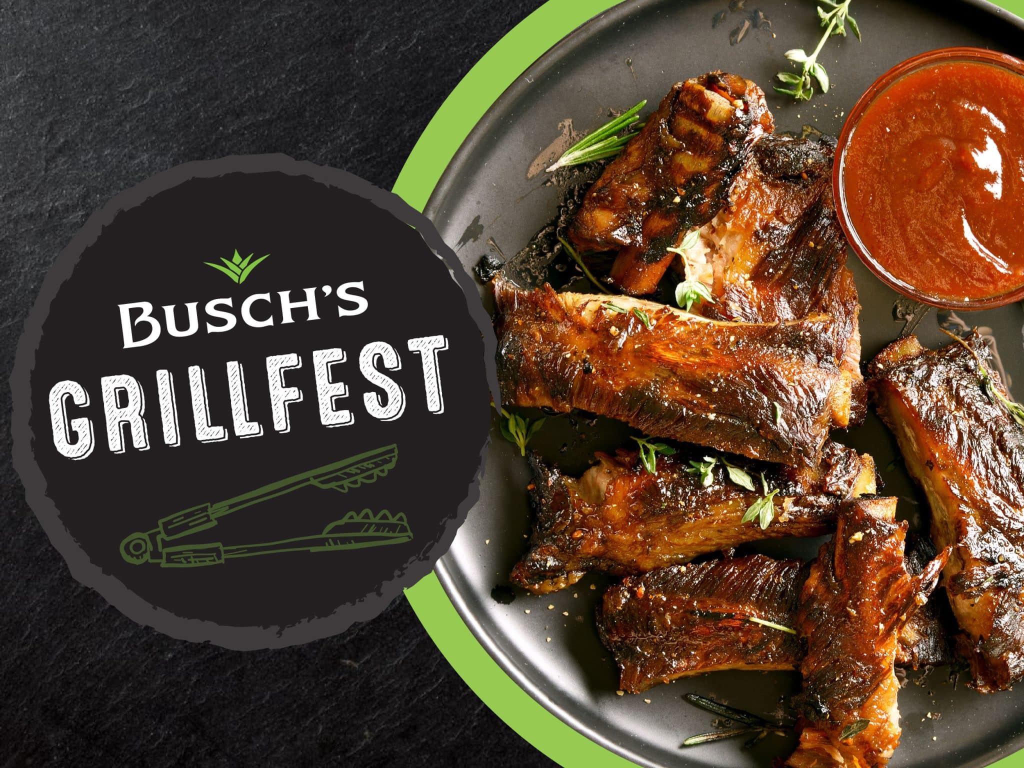 Busch’s Grillfest promotional graphic featuring barbecue ribs served with dipping sauce.