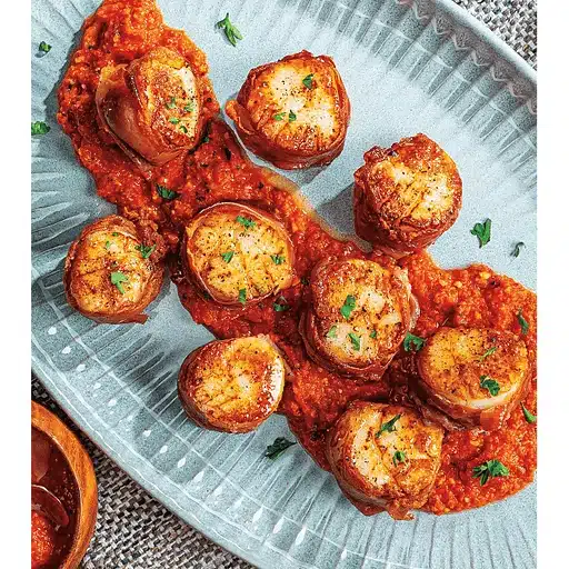 Pan-seared scallops on a gray plate, drizzled with vibrant red sauce, garnished with fresh parsley. The dish looks flavorful and inviting.
