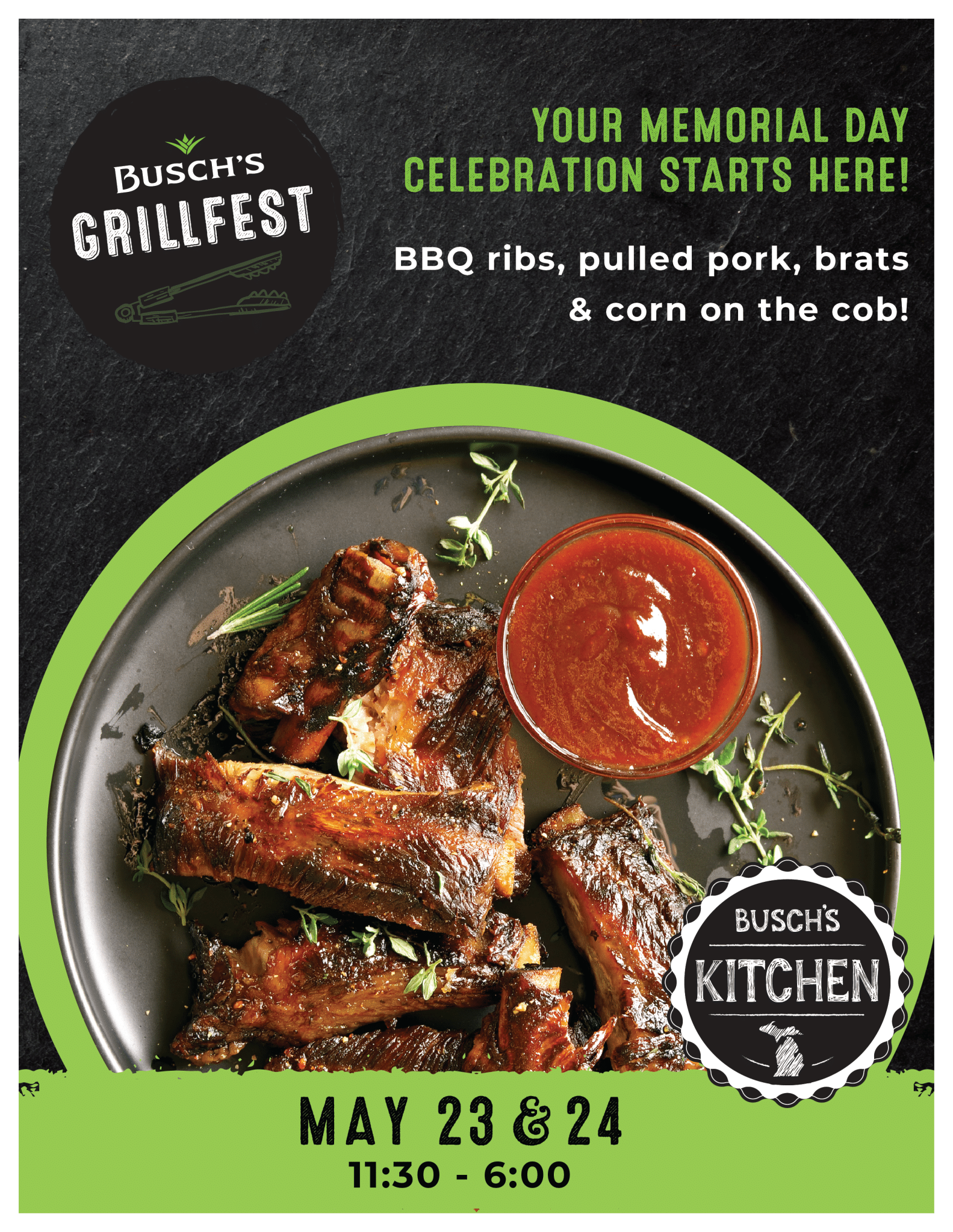 Busch’s Grillfest flyer featuring ribs on a plate with ready-to-eat BBQ menu options available May 23 & 24 from 11:30 AM–6 PM.