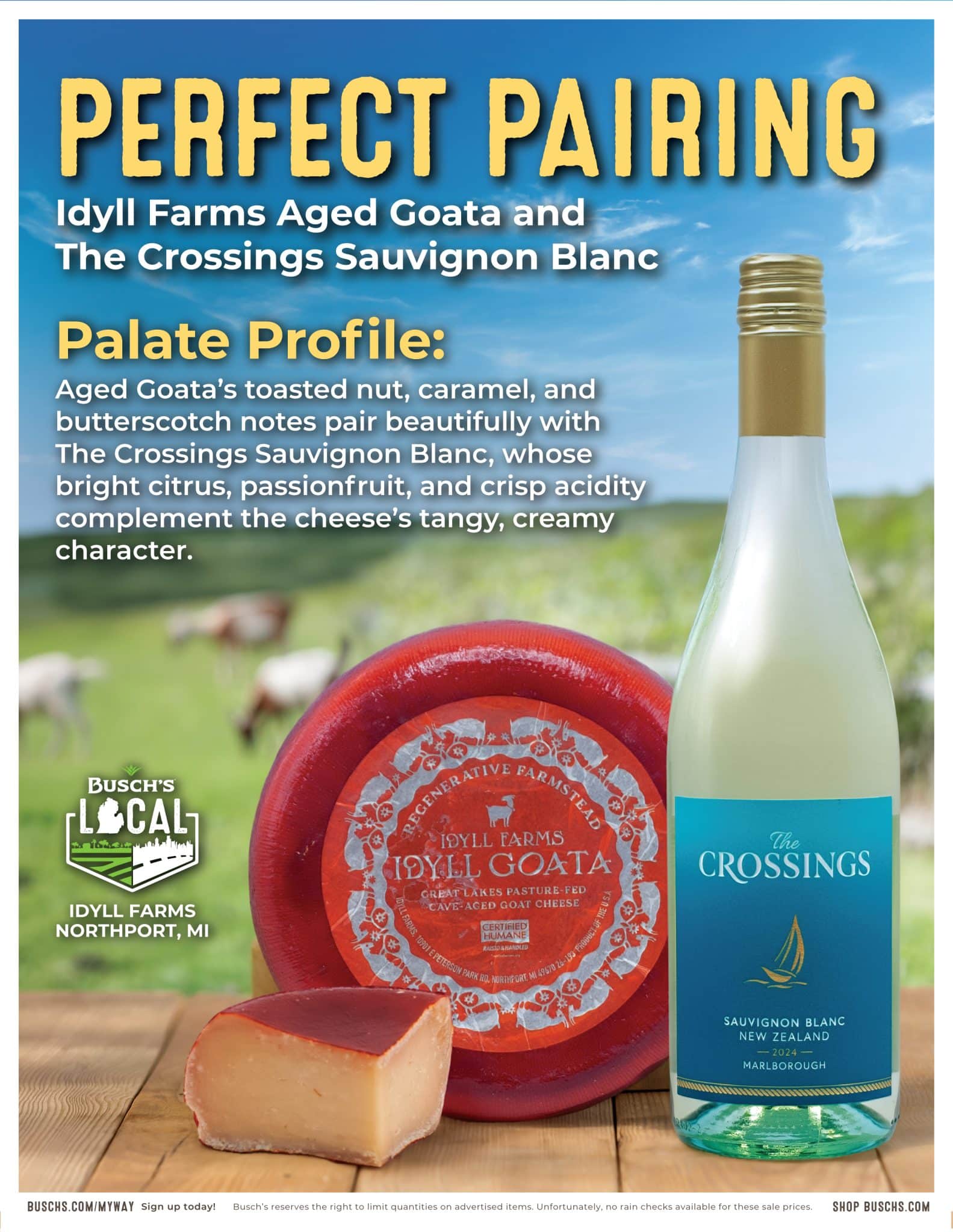 Perfect Pairings wine and food guide featuring Idyll Farms goat cheese and wine pairing suggestions