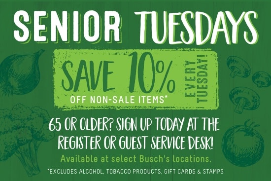 Deals for seniors promo graphic for Busch's, Southeast Michigan, highlighting special discounts