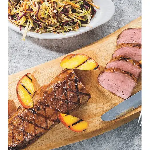 Asian Grilled Pork Tenderloin with Grilled Peaches and Slaw